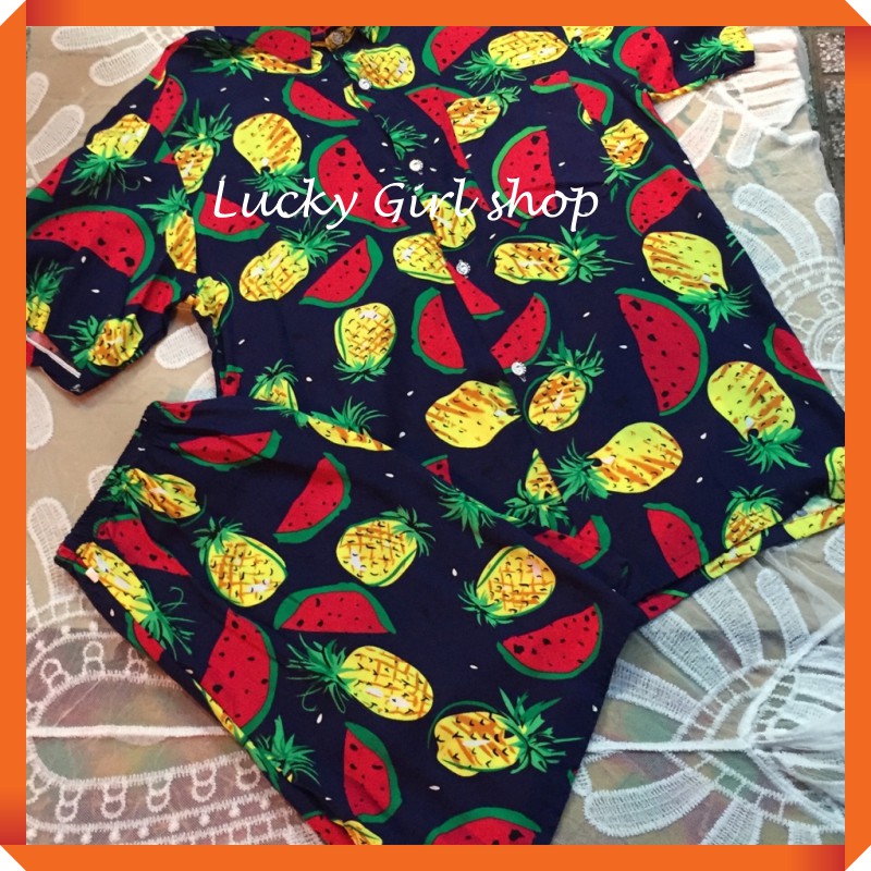 Bộ Sơ Mi Dưa Hấu Nam Nữ Vải Lanh Loại I Size 45-65Kg - Lucky Girl shop