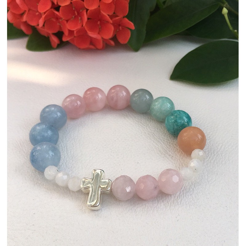 Chuỗi Mân Côi đeo tay vòng hạt đá đa sắc mặt Thánh giá S925 MultiPoint Colored Rosaru Bracelet