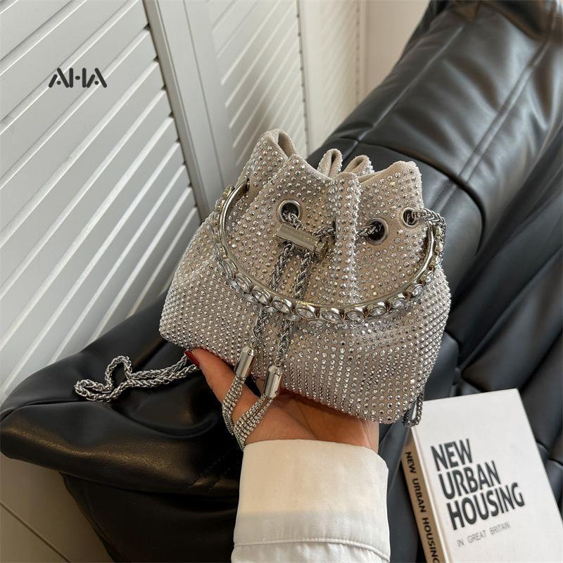 Túi đeo chéo AHA official hình xô nhỏ đính kim cương giả có dây rút phong cách Pháp thời trang cho nữ