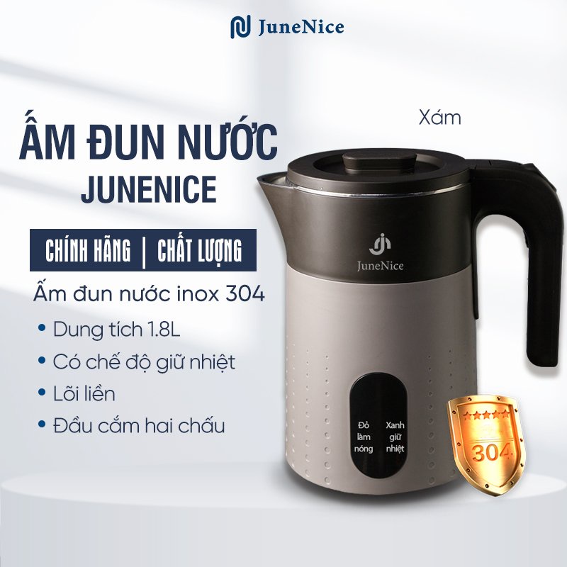 Bình đun nước siêu tốc, ấm siêu tốc giữ nhiệt June Nice màu xám 1.8 lít lõi liền inox 304 không rò rỉ đáy