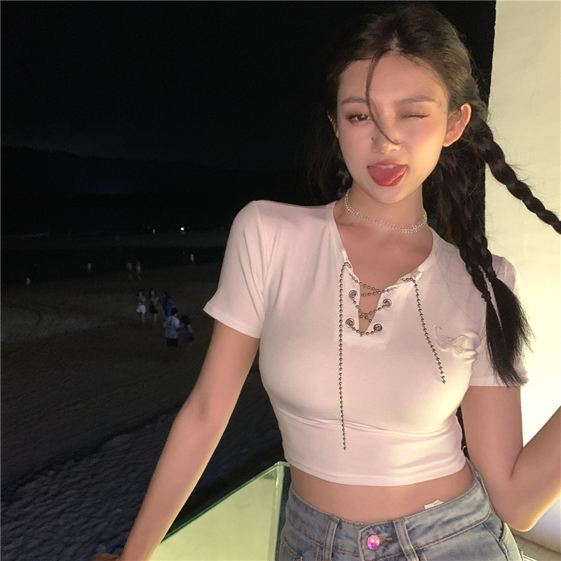 IELGY Áo Thun Nữ Ngắn Tay Cổ Chữ V Hở Eo Thời Trang