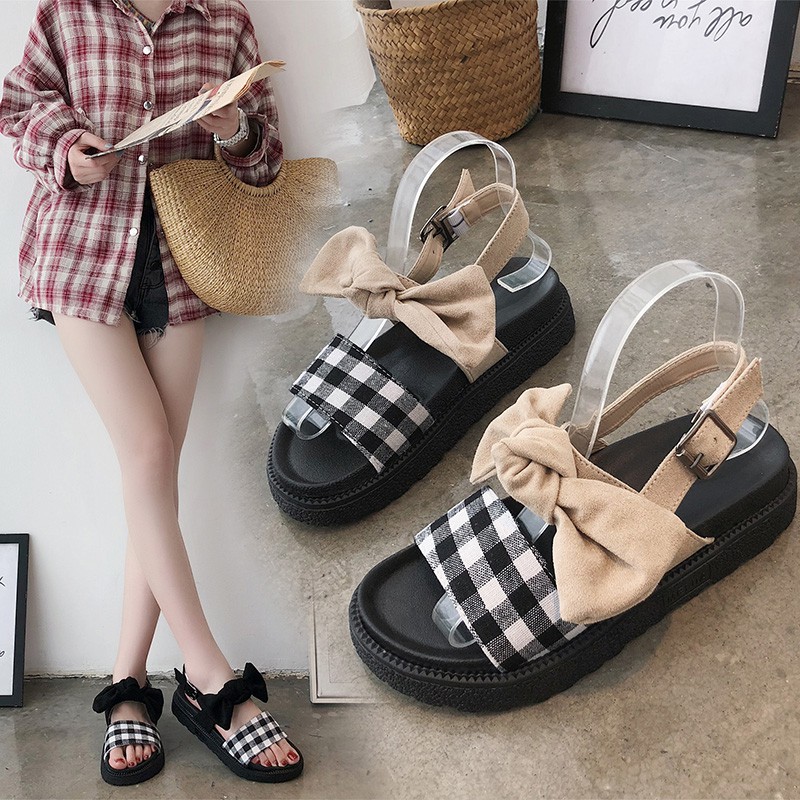 Giày sandal nữ đế bánh mì dây thắt nơ quai ngang sọc ca rô phong cách Hàn Quốc