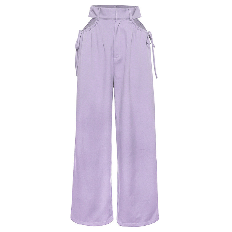 Fashion Women Loose Plain Hollow Drawstring Long Pants Daily Street Casual Trousers