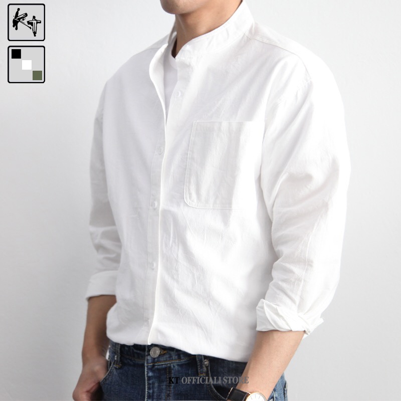 Áo sơ mi KT cotton lanh cổ tròn tay lửng dáng rộng thời trang mùa hè cho nam giới size M-3XL