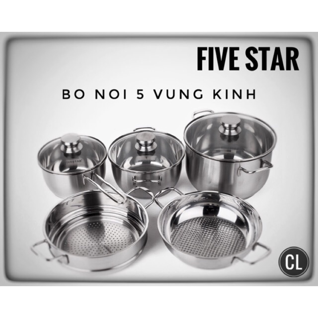 Bộ 5 nồi Inox 3 đáy Fivestar nắp kính