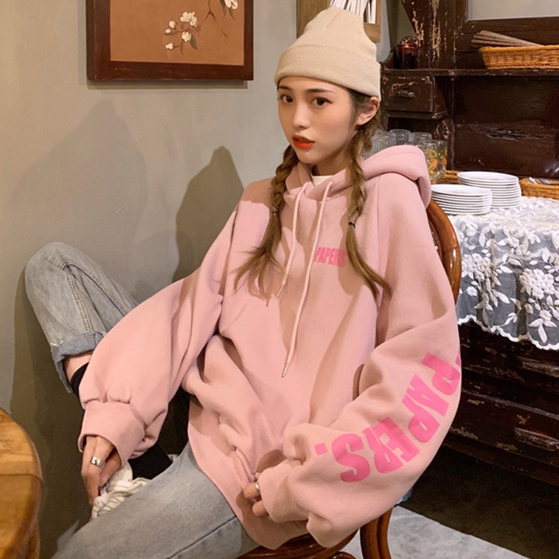Áo hoodie Ulzzang nữ form rộng in chữ màu trắng hồng chất nỉ đẹp order quảng châu BST áo thu đông unisex Ulzzang