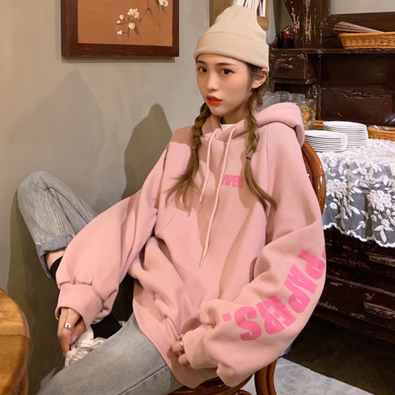 Áo hoodie Ulzzang nữ form rộng in chữ màu trắng hồng chất nỉ đẹp order quảng châu BST áo thu đông unisex Ulzzang 2020