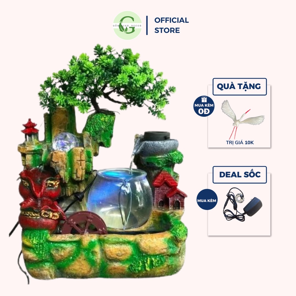 Thác Nước Phong Thủy Gốm Xinh Decor Hòn Non Bộ Tiểu Cảnh Bể Cá mini để bàn chất liệu nhựa composit cao cấp