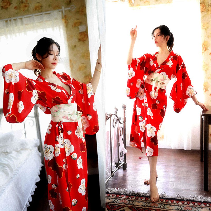 Bộ Đầm Ngủ Kimono In Họa Tiết Hoa Anh Đào Quyến Rũ Dành Cho Nữ