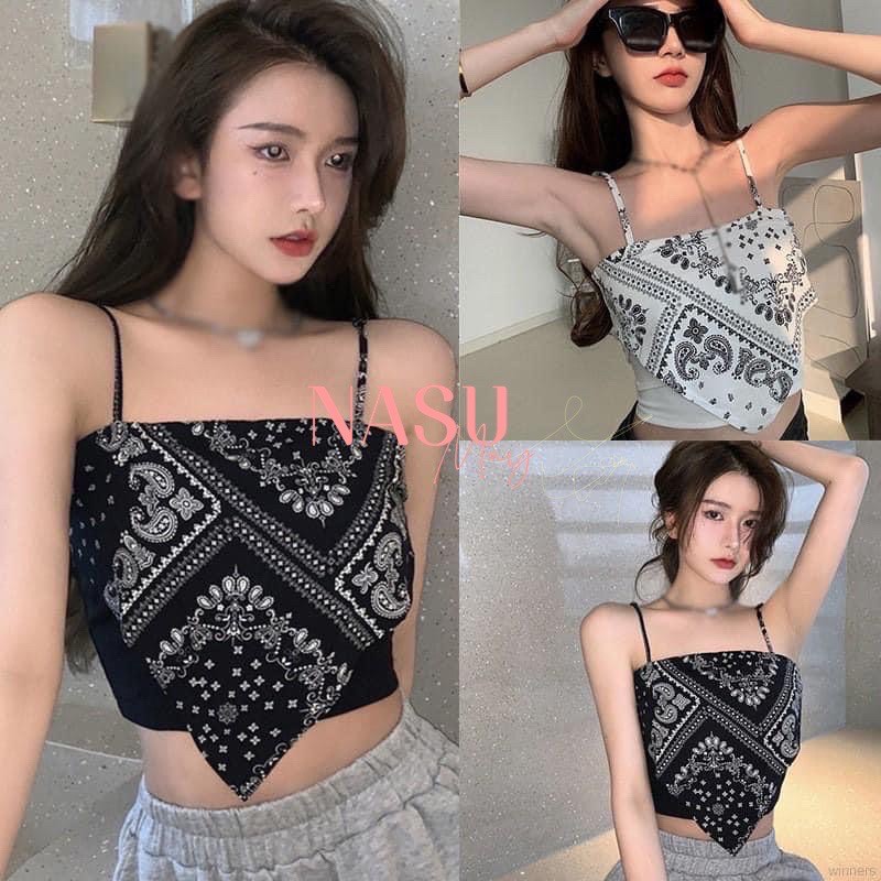 ÁO YẾM THỔ CẨM, ÁO 2 DÂY CROPTOP Đen Trắng HOTREAND