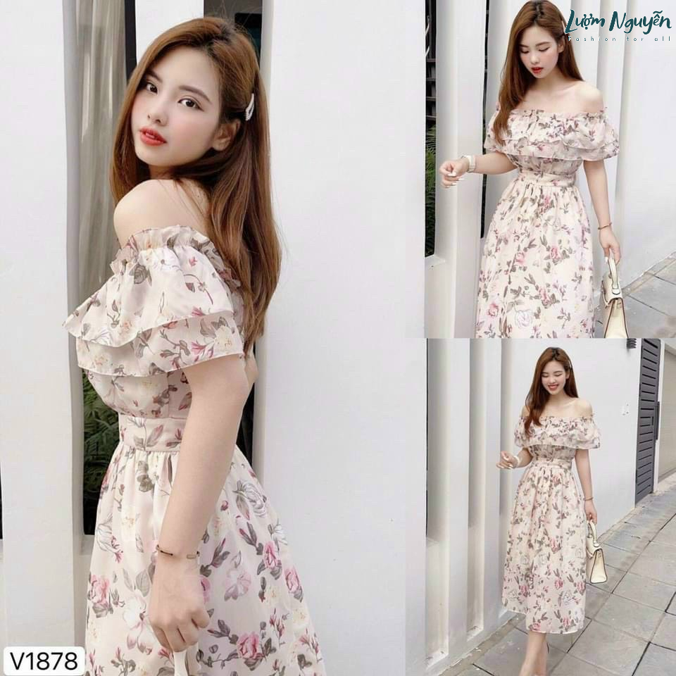 Đầm hoa bèo ngực trễ vai có mút
