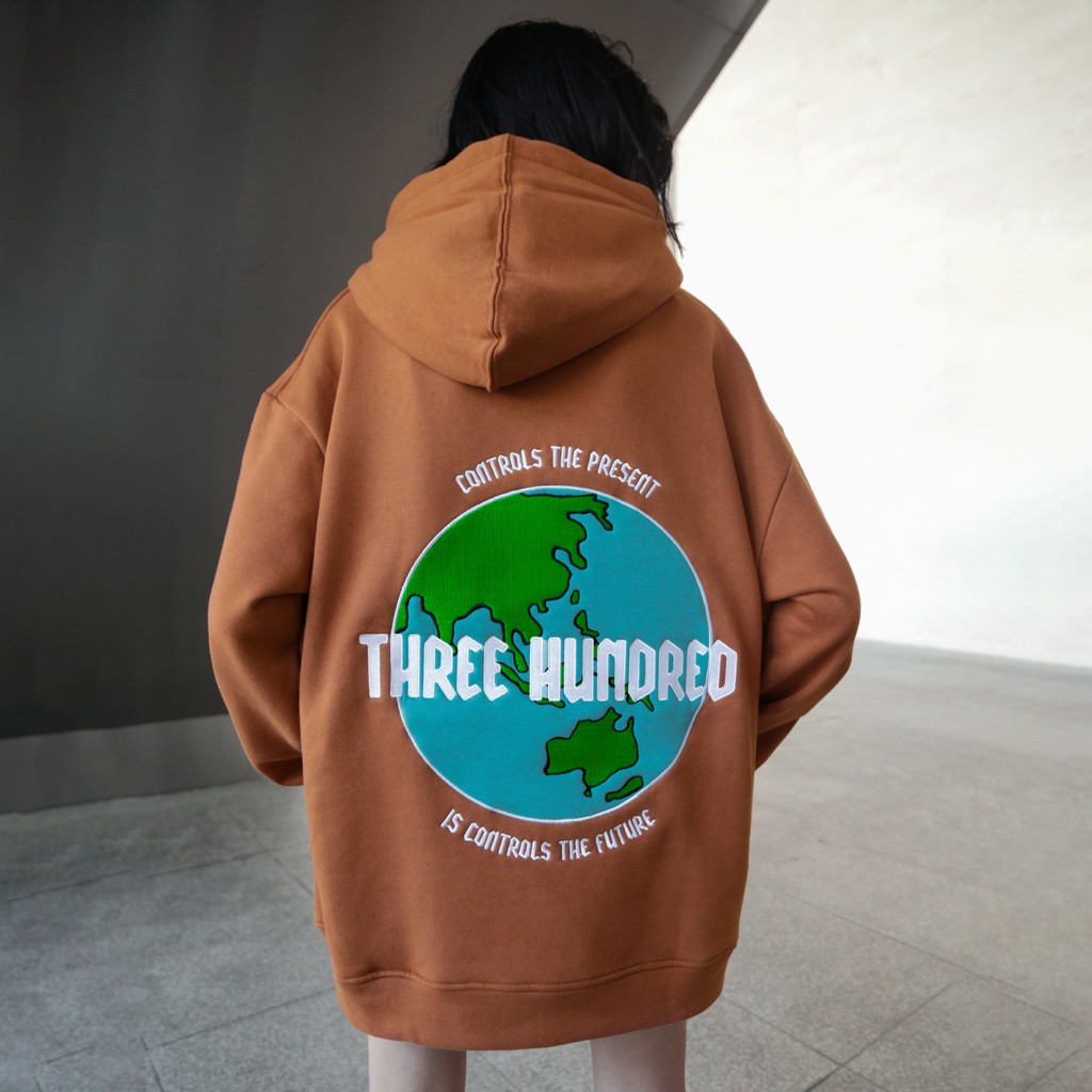 Áo Hoodie Unisex Thêu Trái Đất-Phía Trước Thêu Chữ-Đường Thêu Tỉ Mỉ-Vải Nỉ Bông Dày Dặn-Form Rộng-Màu Cam Gạch