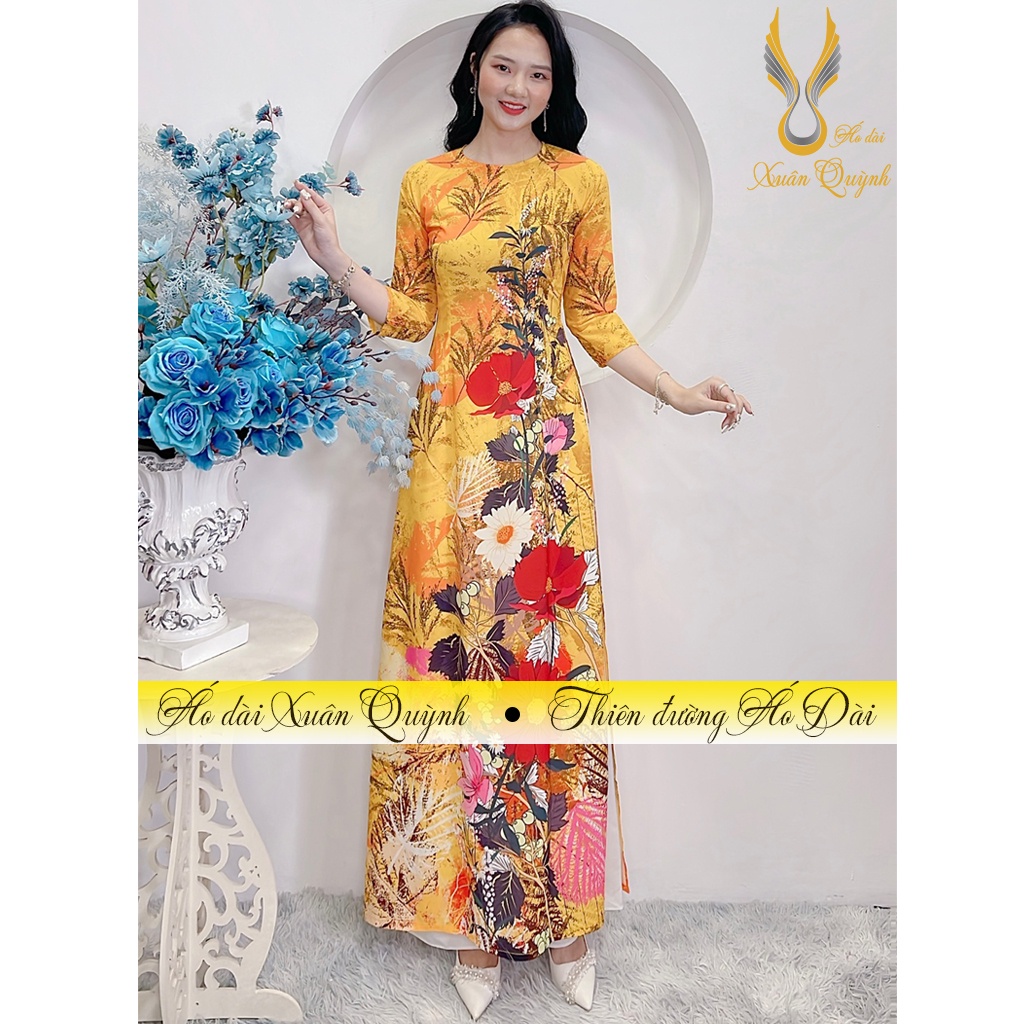 Áo Dài Truyền Thống Phối Hoa, Sang Trọng Nổi Bật Lụa Habutai Mềm Mại Co Dãn K54 - Áo Dài Xuân Quỳnh