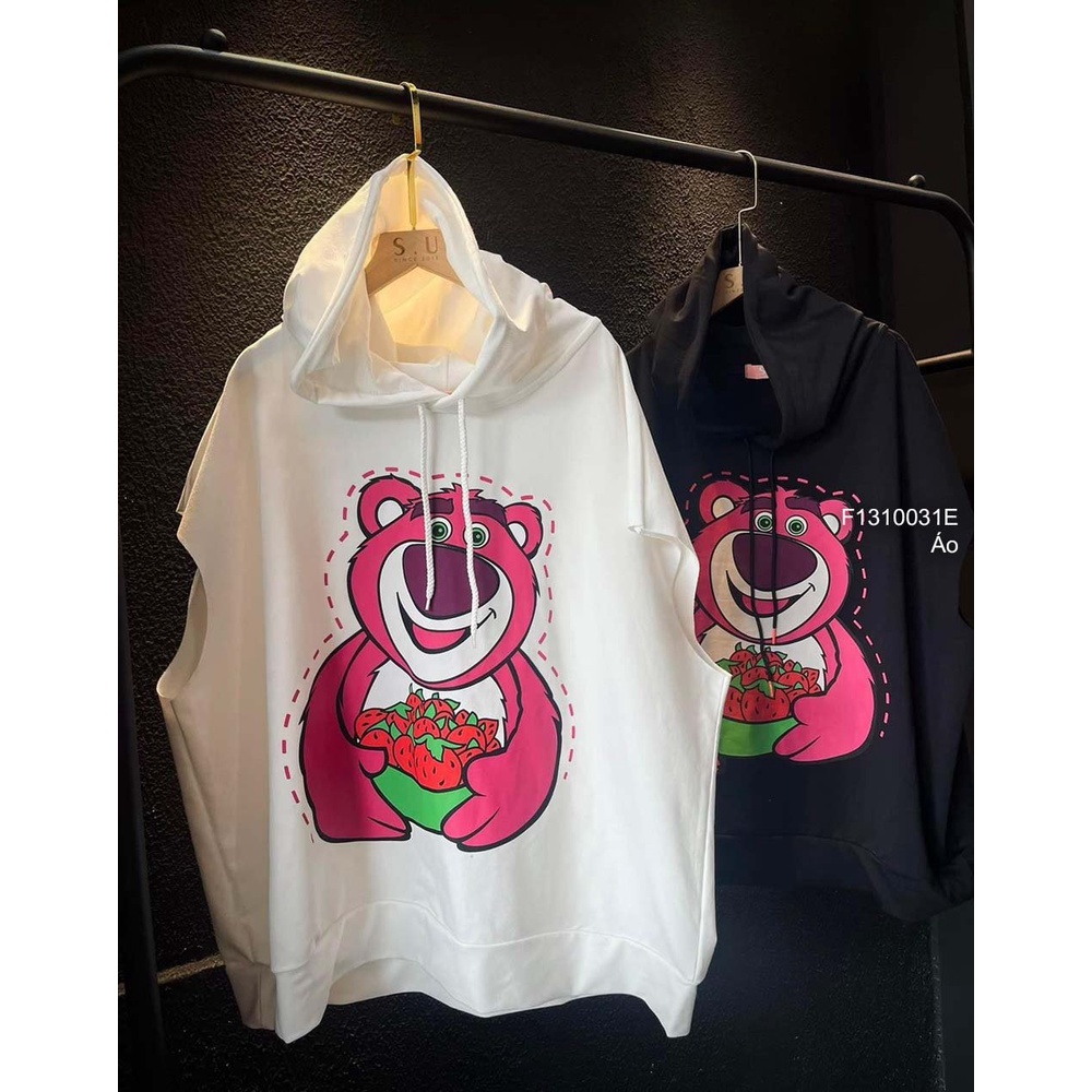 Áo thun hoodie có nón in hình gấu hai mặt form rộng sát nách!