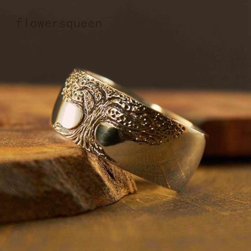 flowersqueen Nhẫn mạ vàng 925 14K hình cây sự sống phong cách Âu Mỹ