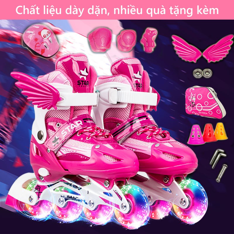 FU14BM giày trượt patin trẻ em 1 hàng bánh size M-L, giày pa tanh thời trang cánh thiên thần có đèn nháy superbank908