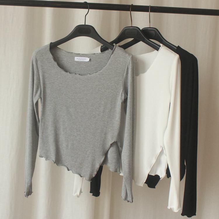 SUA001 Áo thun body Ulzzang xẻ vạt chéo cổ thuyền Áo phông trơn xám đen trắng dài tay dáng ôm lệch tà nữ tính Hàn Quốc