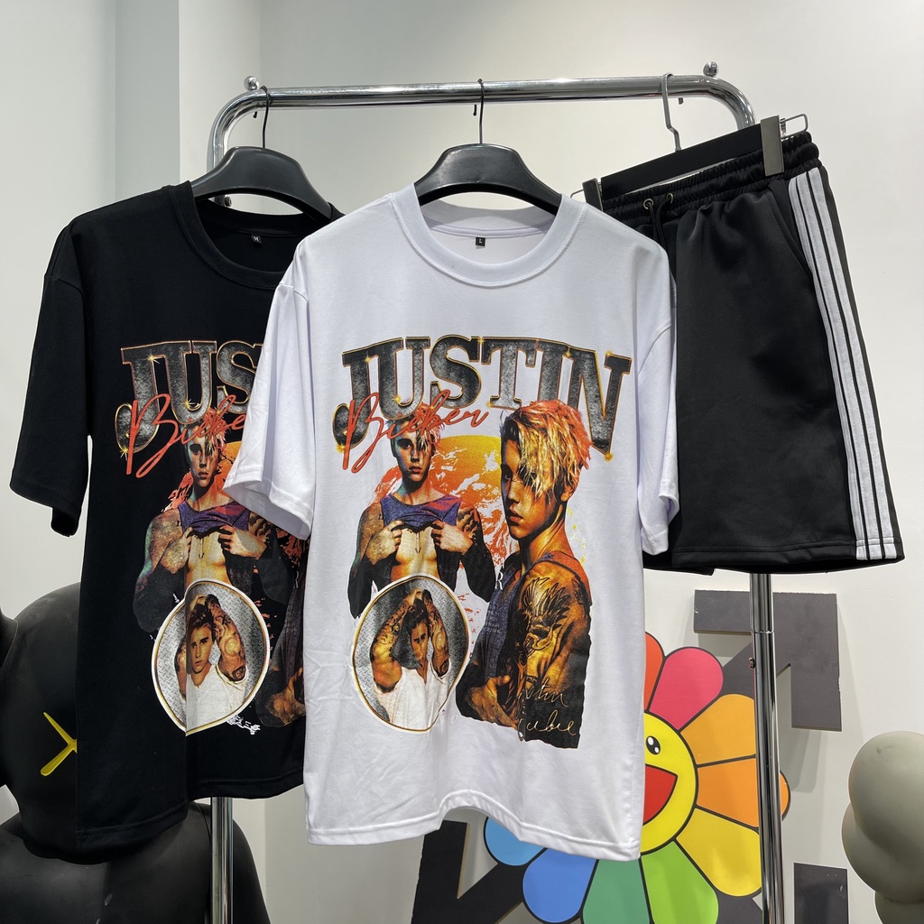 Áo thun tay lỡ justin bieber logo nam nữ áo thun unisex cotton cao cấp Kun Shop