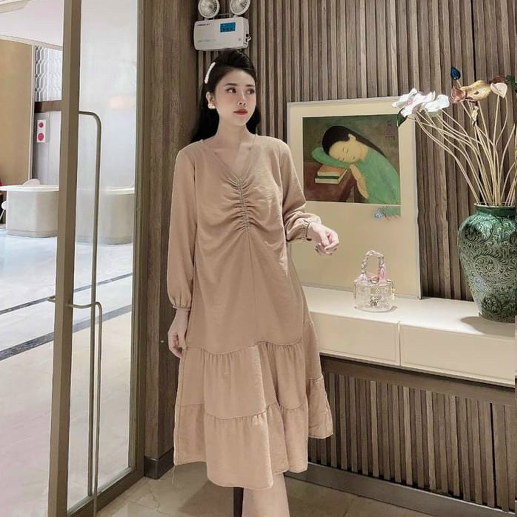Đầm bầu thời trang thiết kế rúm ngực MB203 chất đũi hàn freesize từ 45 đến 70kg
