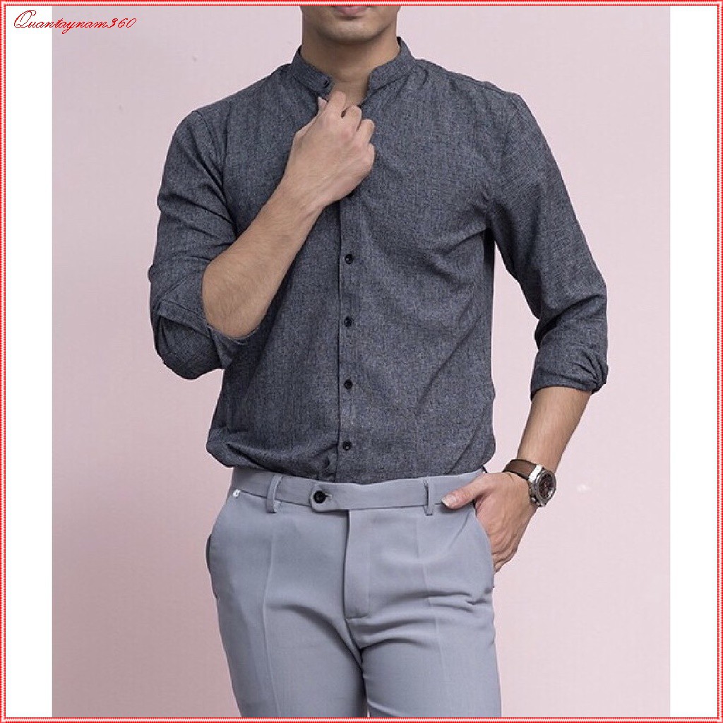 Áo sơ mi nam cổ tàu cách điệu dài tay chất vải đũi rẻ đẹp chất lượng tuyệt vời phong cách Hàn Quốc | BigBuy360 - bigbuy360.vn