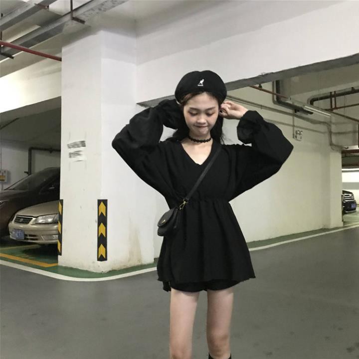 Xiaozhainv Váy tay dài bằng cotton cổ chữ V phong cách Hàn Quốc hợp thời trang cho phái nữ 😘