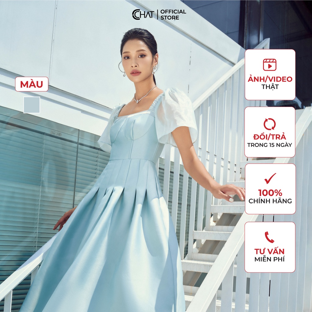 Đầm Nữ 𝐂𝐂𝐇𝐀𝐓 Kiểu Cúp Ngực Phối Tay Cổ U Chất Tafta Cao Cấp 22VNB8001XT