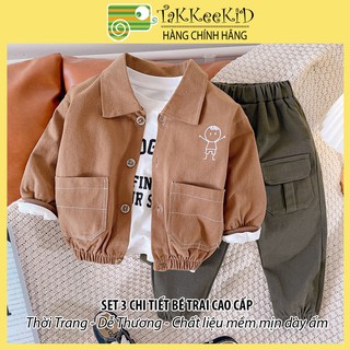 Bộ Thu Đông Bé Tra Ba Chi Tiết Áo Khoác Kaki, Quần Kaki, Áo thun dài tay cao cấp