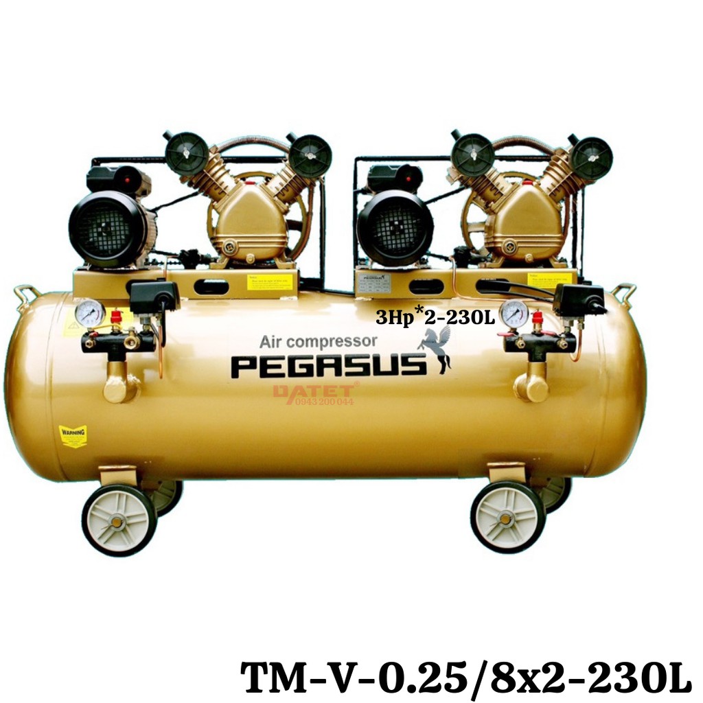 Máy nén khí dây đai 2 đầu nén, 2 motor Pegasus TM-V-0.25/8x2-230L