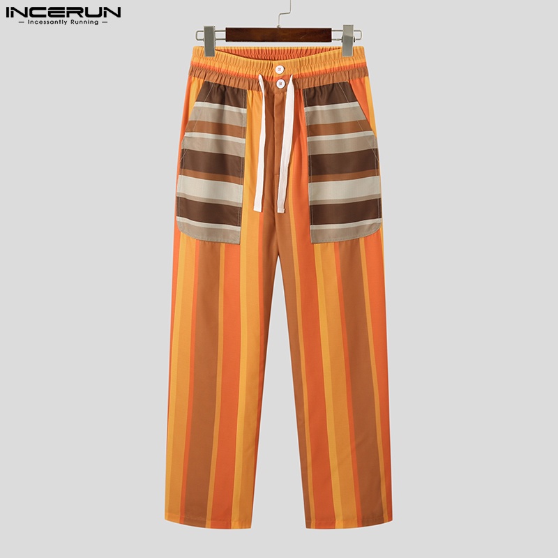 Quần dài INCERUN lưng thun rút dây họa tiết kẻ sọc nhiều màu phong cách cổ điển cho nam