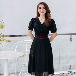Đầm xòe trung niên cao cấp - cổ tim đắp chéo phối viền - đen - ttv886 ttv store