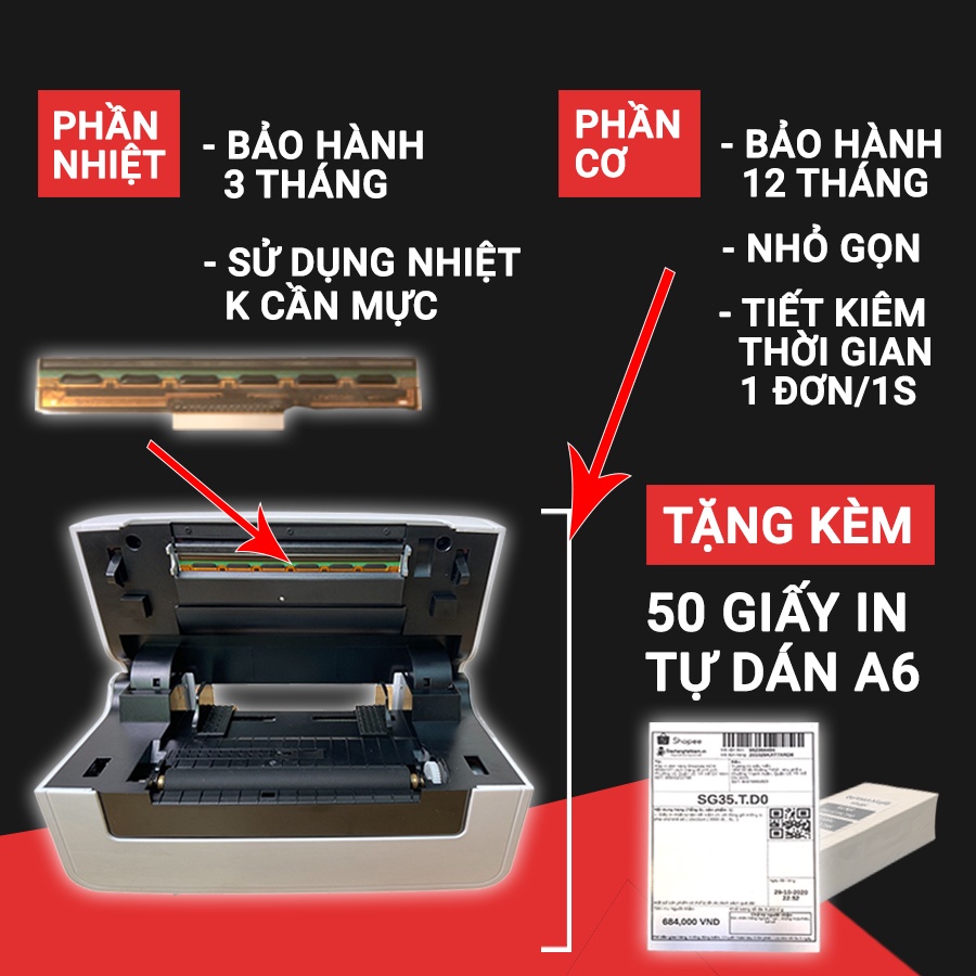 Máy in nhiệt Shoptida SP46 in đơn hàng, phiếu gửi, minicode, logo tự dán, bảo hành 12 tháng chính hãng