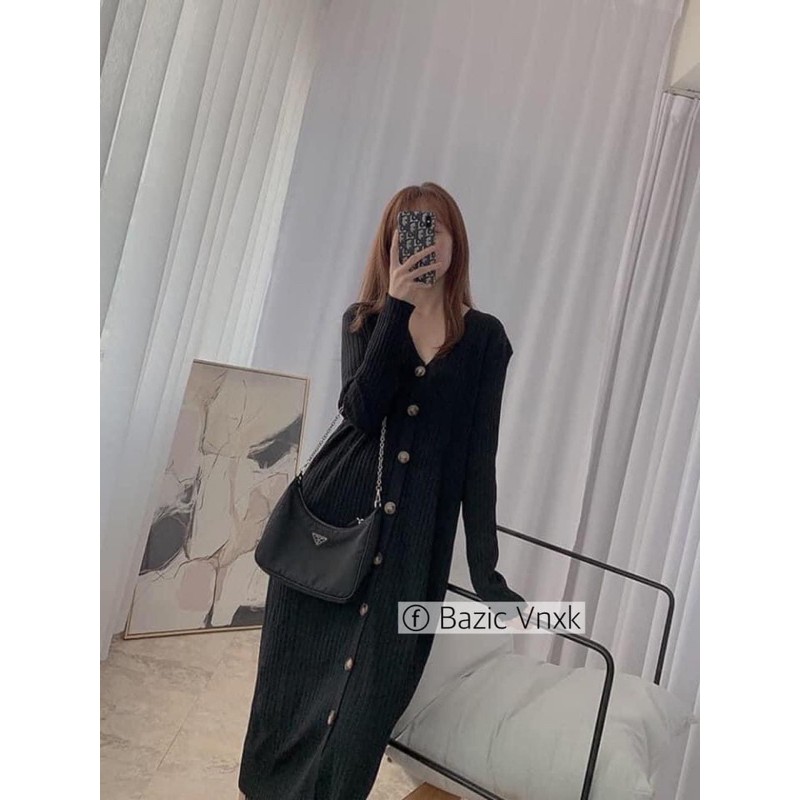 Váy len dáng suông dài tay nữ❤️Đầm len đũa dáng suông phối cúc vân đá bassic❤️[free ship] | BigBuy360 - bigbuy360.vn