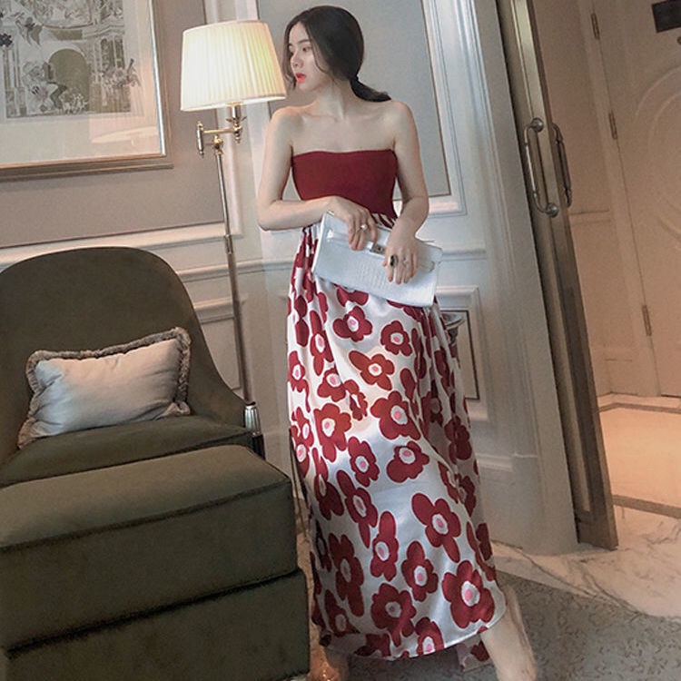 Jiashucheng Đầm Ống Phồng Lưng Cao Hở Xương Quai Xanh Gợi Cảm Thanh Lịch Dễ Phối Đồ Mùa Hè