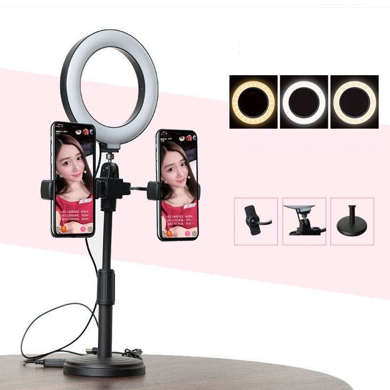 Chân Đế Kẹp Điện Thoại 2 Đầu Kèm Đèn Livestream Để Bàn Tiện Lợi Xoay 360 Độ Dùng Được Nhiều Đt Như Iphone, Samsung