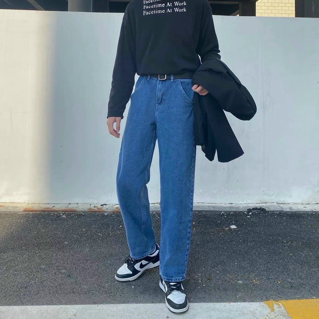 Quần Baggy Jean xanh trơn ống suông