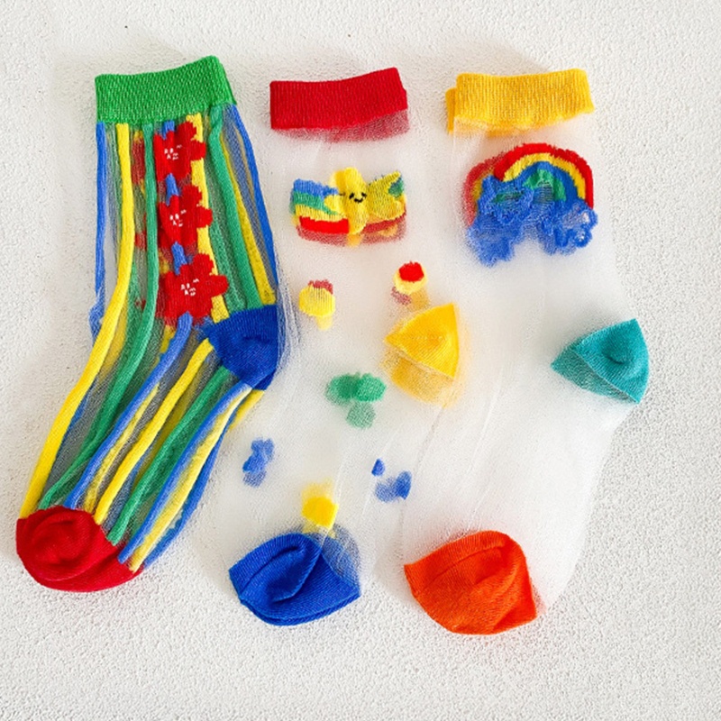 Set 3 Đôi Vớ Ren Siêu Mỏng Tàng Hình In Họa Tiết Hoạt Hình Màu Cầu Vồng Thời Trang Mùa Hè Cho Bé Gái