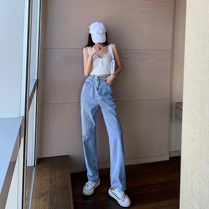 Quần Jeans Nữ Cạp Khuy Màu Xanh Gài Eo Cao Ống Đứng Phong Cách Ulzzang Chất Jean Co Dãn Nhẹ Dày Dặn Loại 1