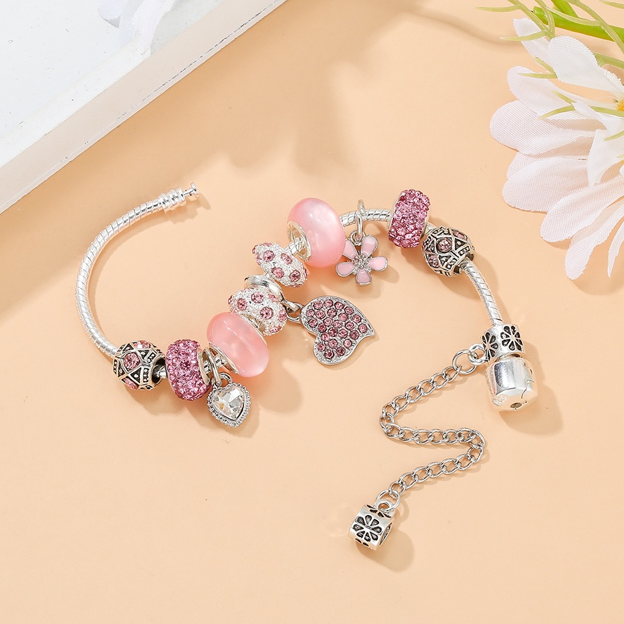 Vòng Tay Chuỗi Hạt Pha Lê Tròn Đính Trái Tim Màu Hồng Thời Trang Cho Nữ