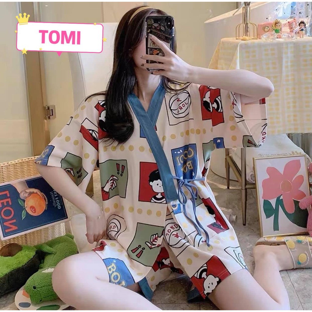 Bộ đồ ngủ nữ, bộ pyjama thắt dây ngắn tay - TOMI BOUTIQUE