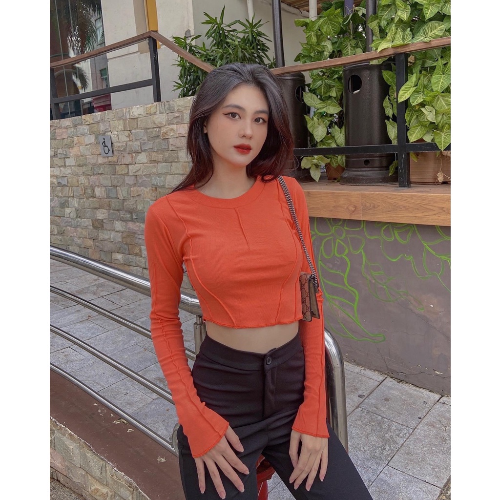 Áo croptop nữ tay dài HHVINTAGE kiểu cổ tròn lệch tà Top A23