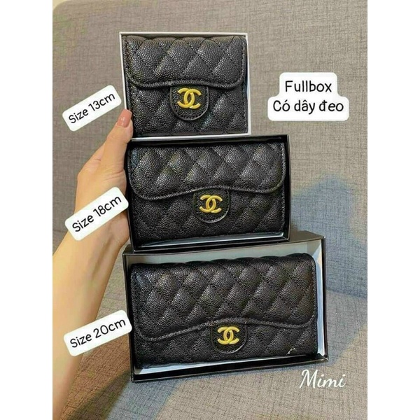 Ví cầm tay cha/nel trần trám tag vàng kèm dây đeo chéo
