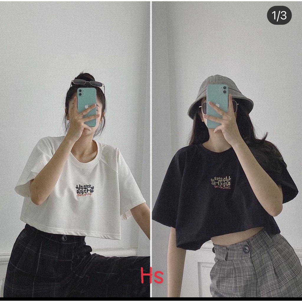 💃Áo Croptop Nữ Chữ Hàn Tay Lỡ Dáng Ngắn 2 Màu