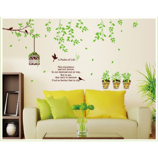 Decal trang trí mẫu Cây xanh và Lồng chim xinh
