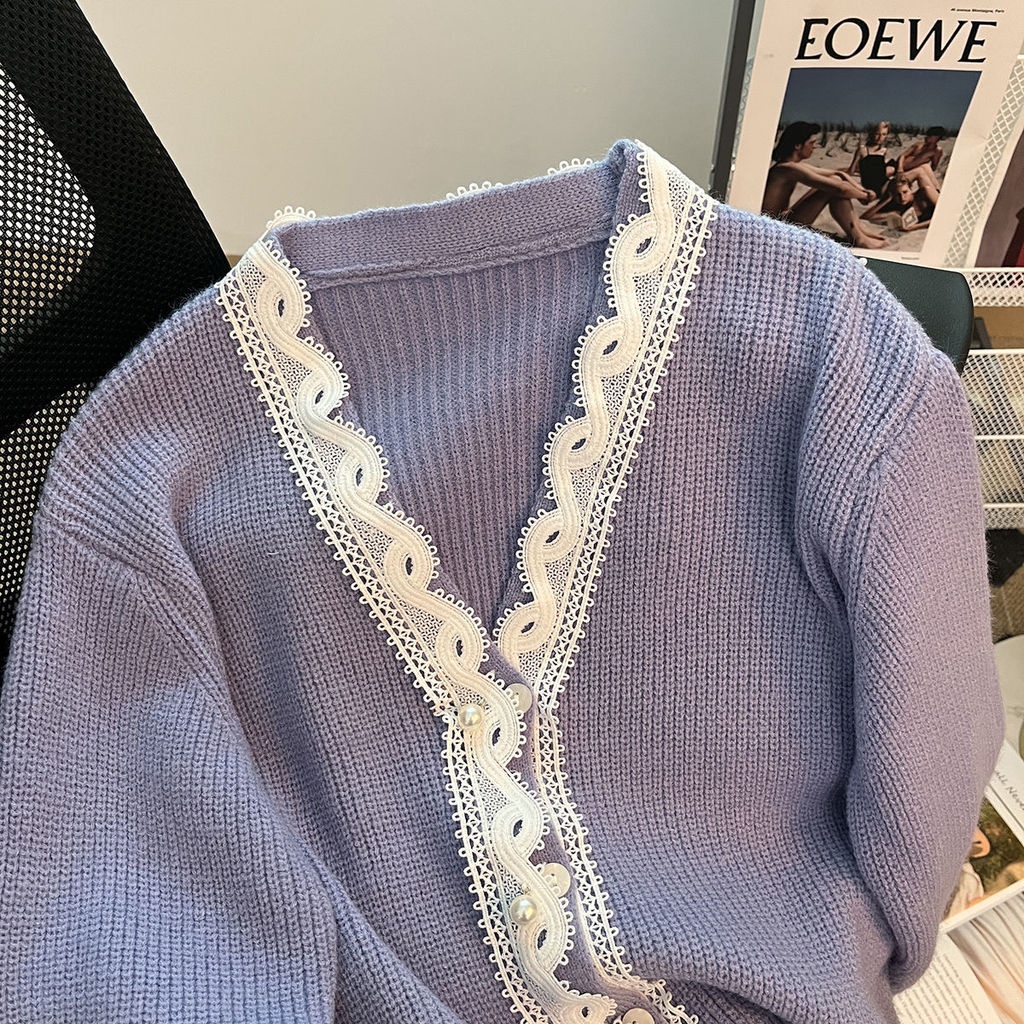 Áo Khoác Cardigan Dệt Kim Mỏng Mềm Mại Cổ Chữ V Phối Ren Thời Trang Xuân Thu Dành Cho Nữ