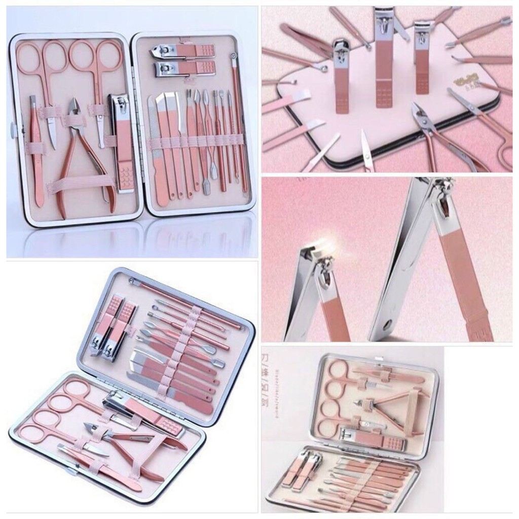 Bộ kìm bấm móng tay, móng chân, kéo cắt tỉa lông mày đa năng 18 chi tiết kèm hộp đựng bằng da màu hồng