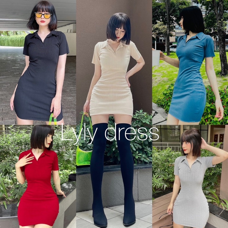 Đầm Ôm Body Ngắn Chất Thun Gân Mịn/ Váy Body Tay Cộc Cổ Sơ Mi 5 Màu Đen, Nude, Đỏ, Xám, Xanh