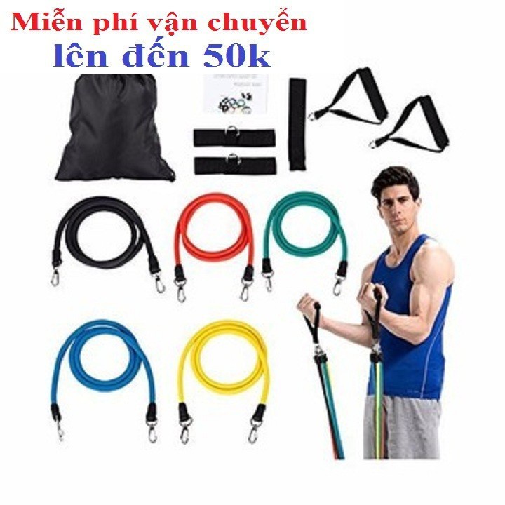 Bộ dây 11 chi tiết kéo tập thể dục - Dây đàn hồi tập Gym - dây tập kháng lực 100LB tiêu chuẩn