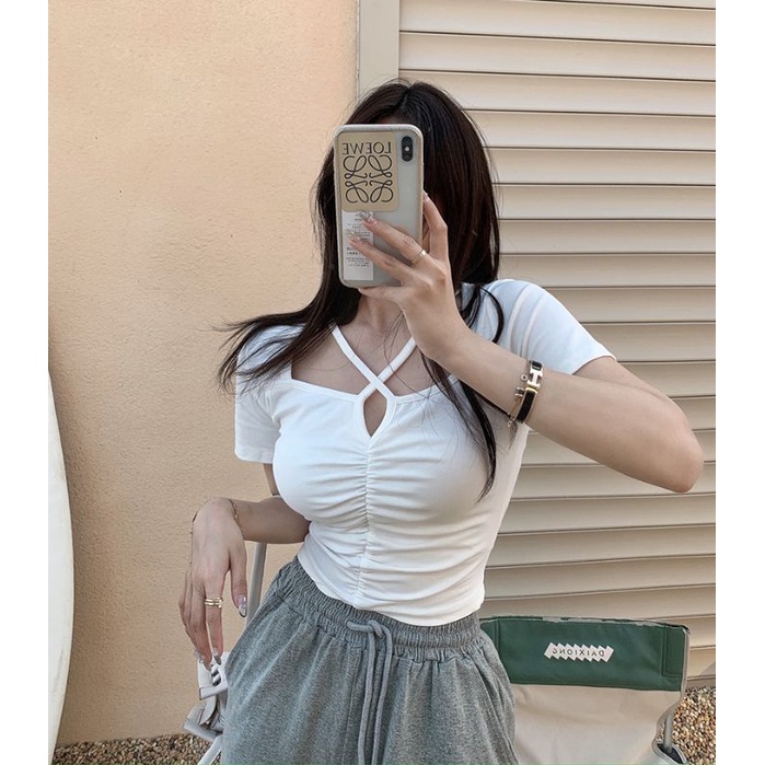 Áo kiểu nhún giữa croptop - NHA