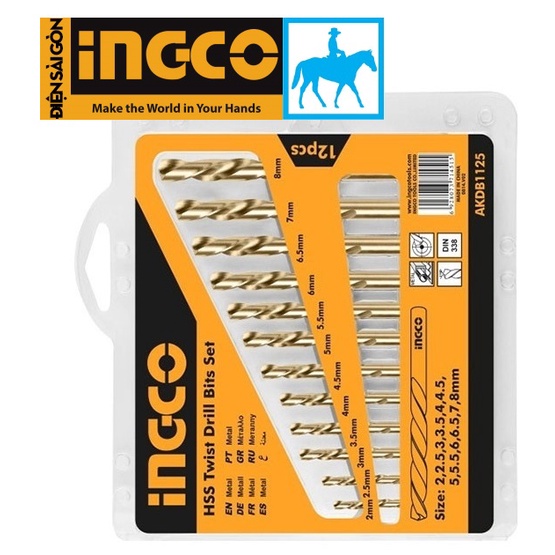 INGCO Bộ 12 mũi khoan kim loại 2-8mm HSS AKDB1125