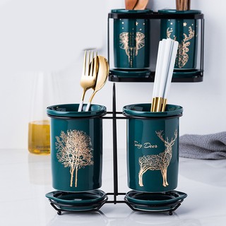 Ống đựng đũa bằng sứ xanh cổ vịt 2 lọ họa tiết hươu voi sứa sang trọng